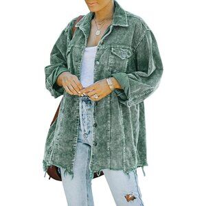 Womens Green Oversized Corduroy Shirt Jacket Casual Button Down Retro